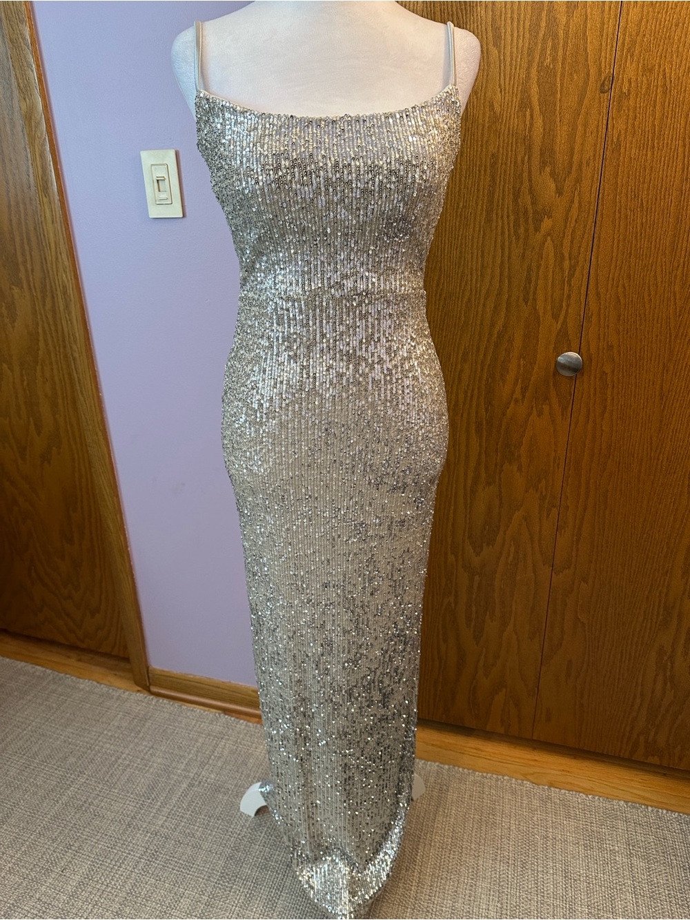 Nookie Lovers Nothings Sequin Spaghetti-Strap Evening Gown in Silver size small. - Picture 4 of 16